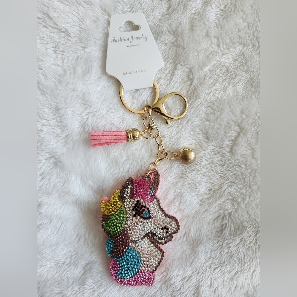 Colorful Rhinestone Unicorn Keychain with Gold Accents Bag Charm